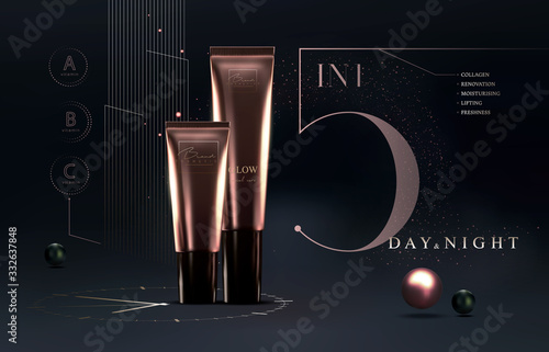 Elegant golden cosmetic luxury product background premium cream tube for skin care products. Foundation template. Luxury facial cream. Cosmetic ads flyer or banner design. Makeup products brand.