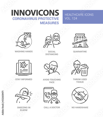 Coronavirus protective measures - line design style icons