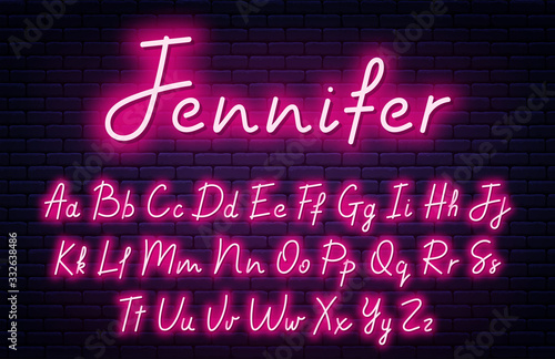 Glowing neon script alphabet. Neon font with uppercase and lowercase letters. Handwritten english alphabet with neon light effect