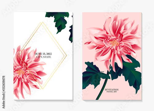Dahlia daisy sunflower, Romantic floral template. Wedding card in soft pink colors, summer season wild flower buds, bloom , leaves. Vector