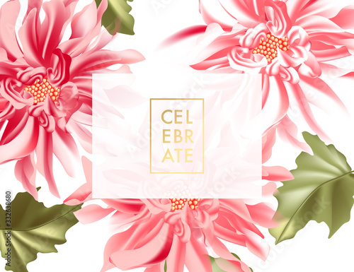 Vector horizontal banner with garden dahlia sunflowers on white background. Romantic design for natural cosmetics, perfume, women products. Used as packaging, greeting card, wedding invitation vector