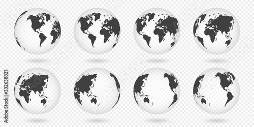 Set of transparent globes of Earth. Realistic world map in globe shape with transparent texture and shadow. Abstract 3d globe icon