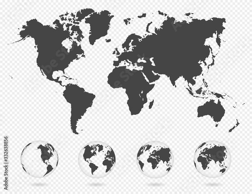 Set of transparent globes of Earth. World map template with continents. Realistic world map in globe shape with transparent texture and shadow. Abstract 3d globe icon