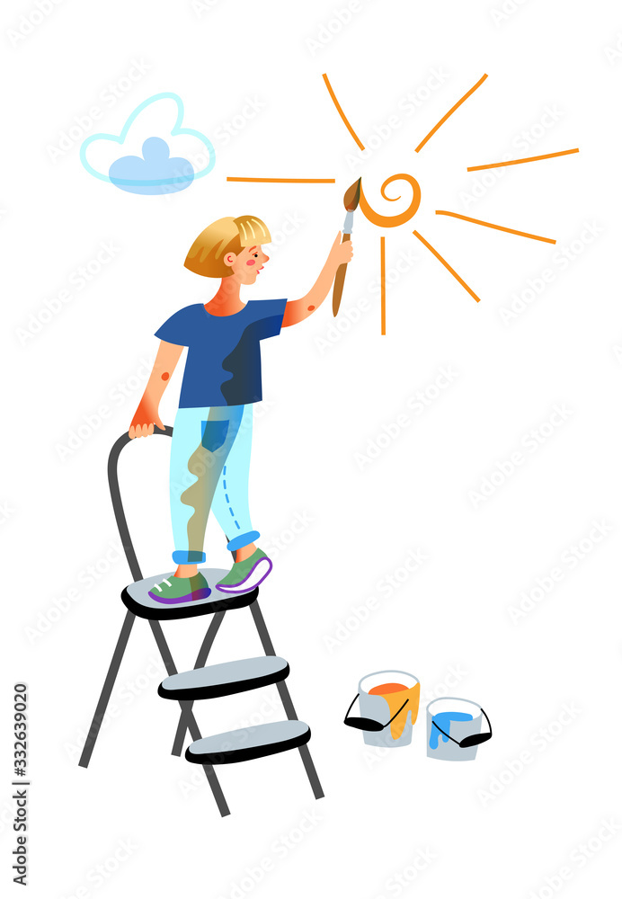 Fototapeta premium Vector character little girl drawing sun on wall