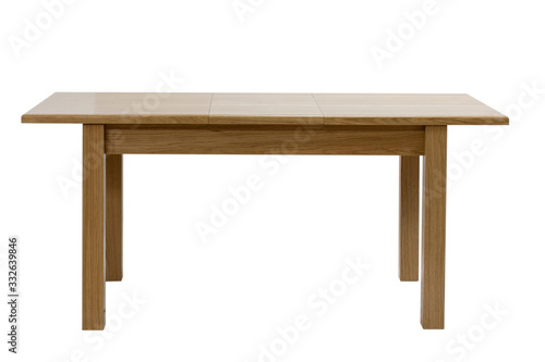 Wooden modern table isolated on white background. Folding kitchen table, front view.