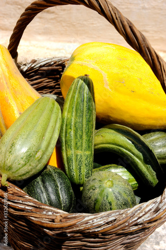 Santorini cucumbers and produce in basket.