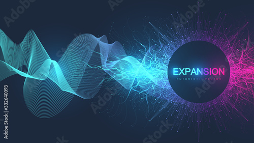 Abstract scientific background with dynamic particles, wave flow. 3D data visualization with fractal elements. Cyberpunk style. Digital vector illustration