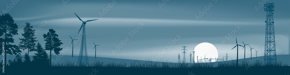 group of wind power generators near forest on cyan background group of wind power generators near forest on cyan background