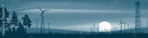group of wind power generators near forest on cyan background