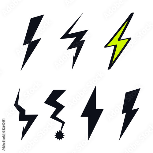 Lightning icon logo. Flash sign. Doodle. Creative cartoon design. Modern, children's style. Fashion print for clothes, cards, picture, poster, banner for websites. Vector illustration