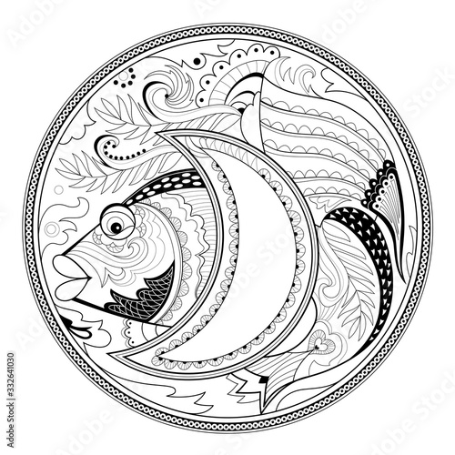 Medallion with fantastic fairyland fish. Black and white page for coloring book for children and adults. Modern print for coins, fashion, embroidery, decoration, tattoo. Hand-drawn vector image.