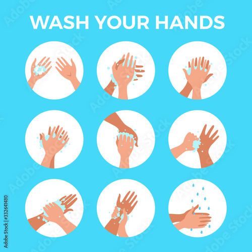 Washing hands with soap and water properly cartoon vector illustration.