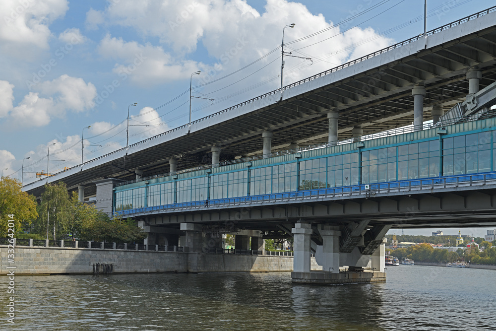 Luzhniki Metro Bridge (1958), also known as Metromost, concrete double-decked (two-level) arch bridge carrying road and Moscow Metro line across Moskva River in Moscow, Russia Luzhniki Metro Bridge (1958), also known as Metromost, concrete double-decked (two-level) arch bridge carrying road and Moscow Metro line across Moskva River in Moscow, Russia