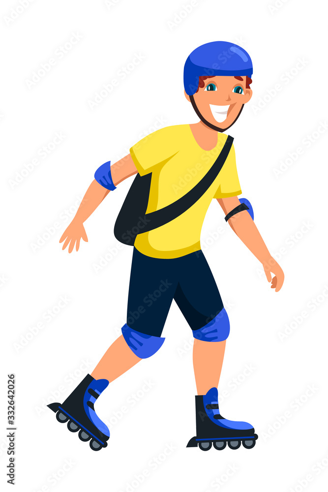 Vector character man rides to roller skate outdoor