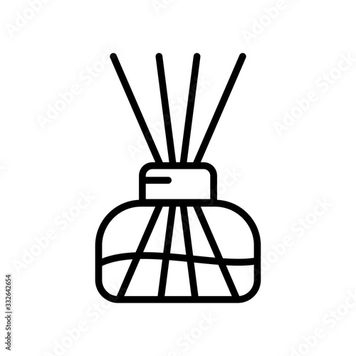 Aroma home diffuser. Linear icon of transparent glass flask with oil and reed sticks. Black simple illustration of aromatherapy, interior decoration. Contour isolated vector image on white background