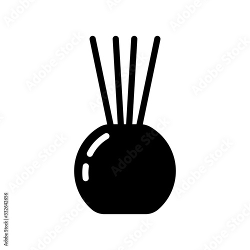 Cutout silhouette Round aroma diffuser or air freshener icon. Outline logo of aromatherapy, spa. Illustration of vial with wooden sticks, interior accessory. Flat isolated vector on white background