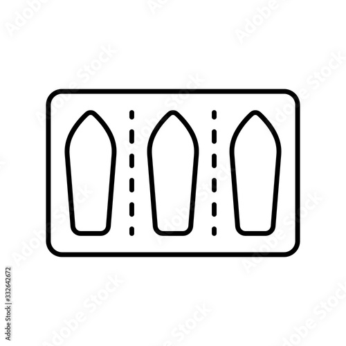 Vaginal suppositories in blister pack. Linear icon of medicine for internal use. Black simple illustration of female contraceptive, rectal treatment. Contour isolated vector image on white background