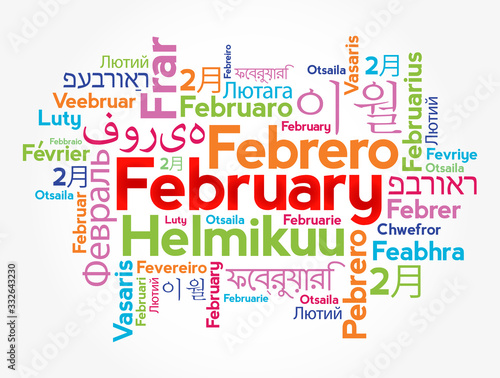 February in different languages of the world  word cloud concept background