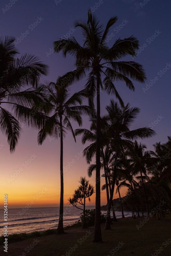 Fototapeta premium Coucher de soleil sur l'île de la réunion au bord d'une plage avec des palmiers
