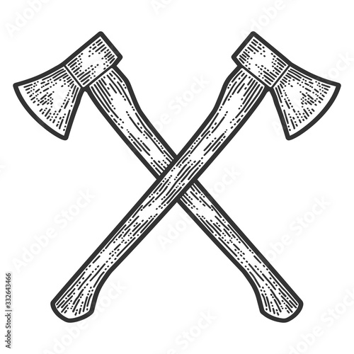 Crossed axes engraving. Apparel print design. Scratch board imitation. Black and white hand drawn image.