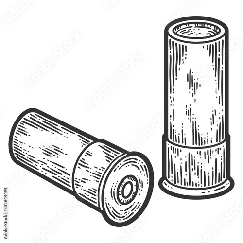 Two weapon cartridges. Scratch board imitation. Black and white hand drawn image. Engraving