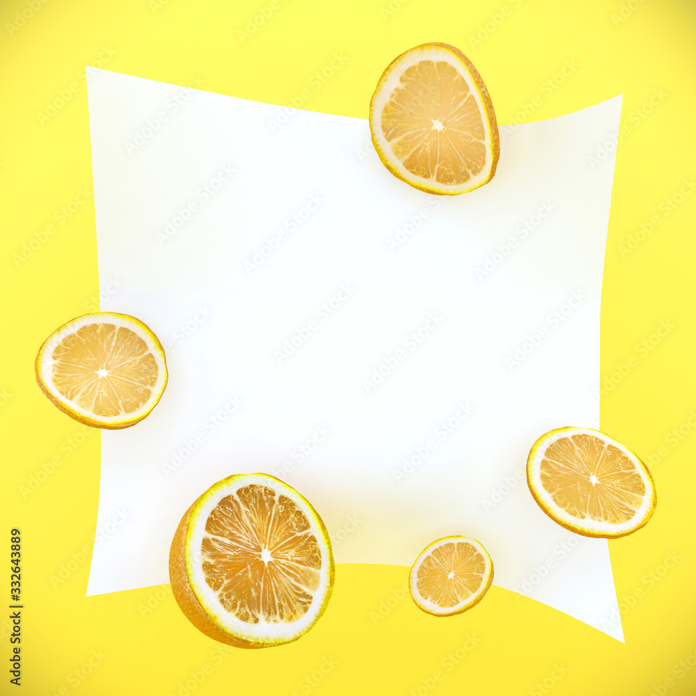 Orange fruit. Yellow background 3d image. Fresh fruits white banne for text.