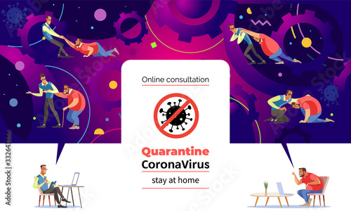 Coronavirus. Stay at home. Man on psychologist online session. A man talks about her problems to a therapist through a video call.The psychologist reassures patient and helps to deal with the problem.