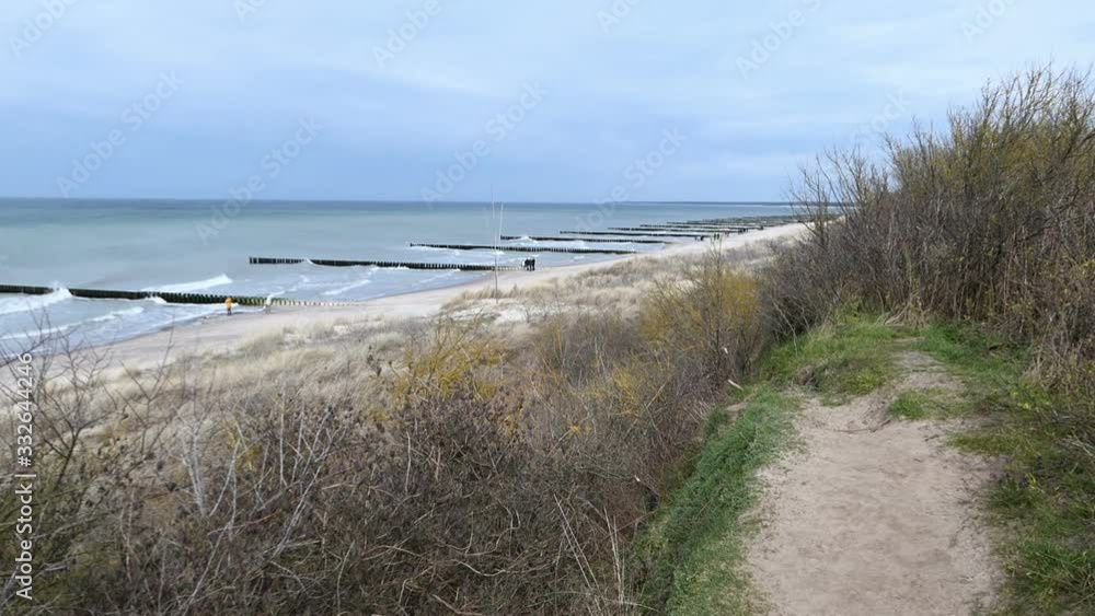 Aerial view from coast cliff of Ahrenshoop Baltic sea down to beach. People walking along. Aerial view from coast cliff of Ahrenshoop Baltic sea down to beach. People walking along.