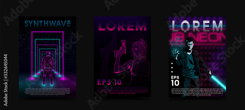 Retrowave vaporwave synthwave posters set. Neon man with laser grid and portals. Cyberpunk girl with gun. Man with lightsaber and lightning. Design for poster, flyer, club invitation.