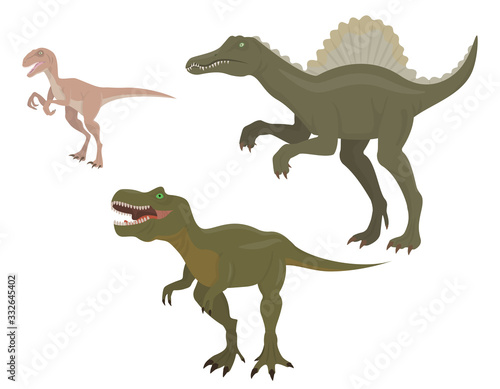 Set of predatory dinosaurs. Velociraptor  spinosaurus and tyrannosaurus in cartoon style.