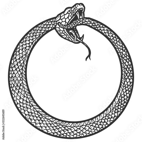 Uroboros, snake coiled in a ring, biting its tail. Scratch board imitation. Black and white hand drawn image.