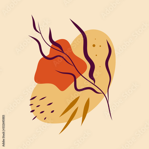 Abstract aesthetic spring or summer abstract shapes. Warm colors botanical composition, collage background. Floral template.