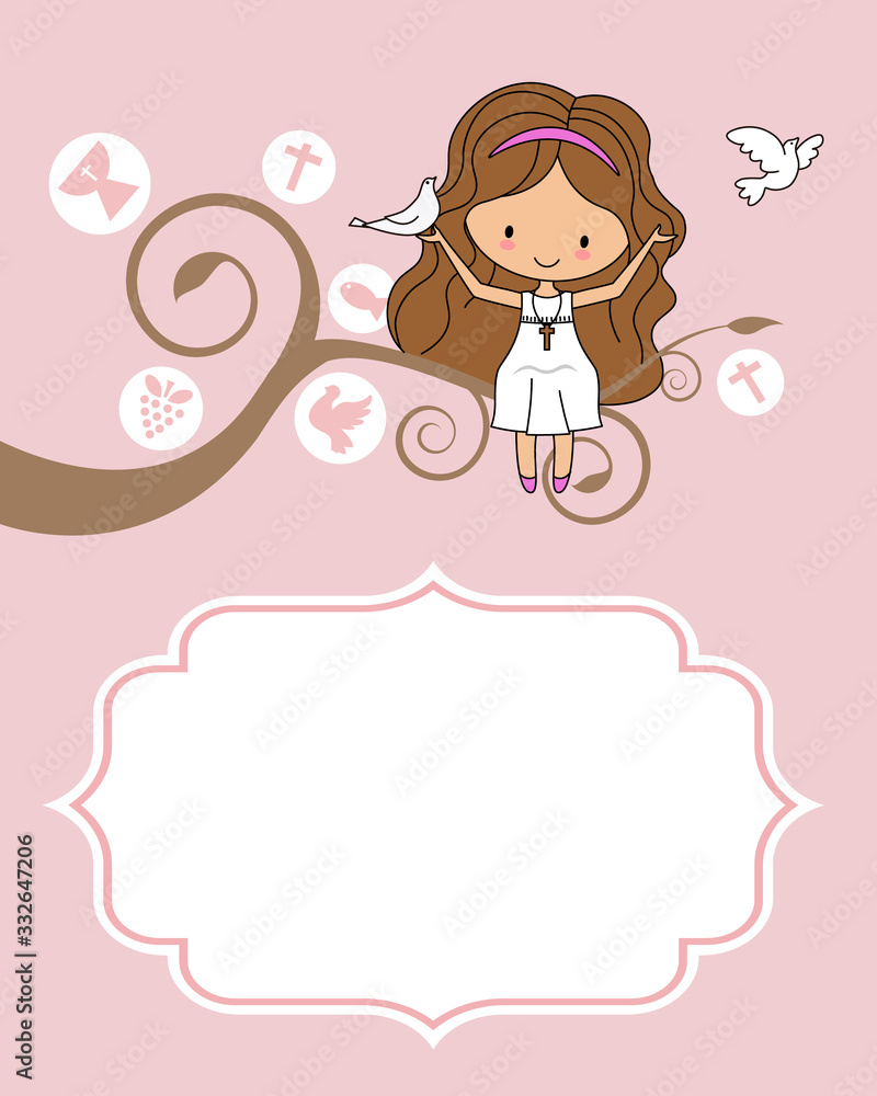 Card my first communion. Girl sitting on a tree with a dove Card my first communion. Girl sitting on a tree with a dove