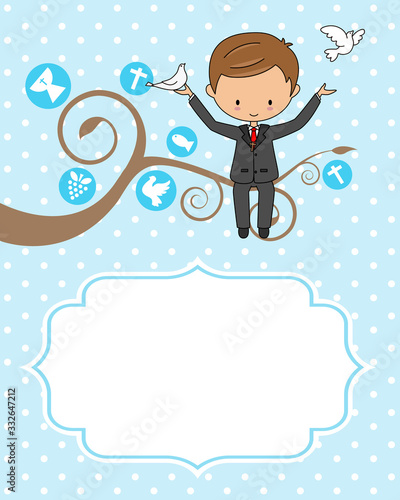 Card my first communion. Boy sitting on a tree with a dove	