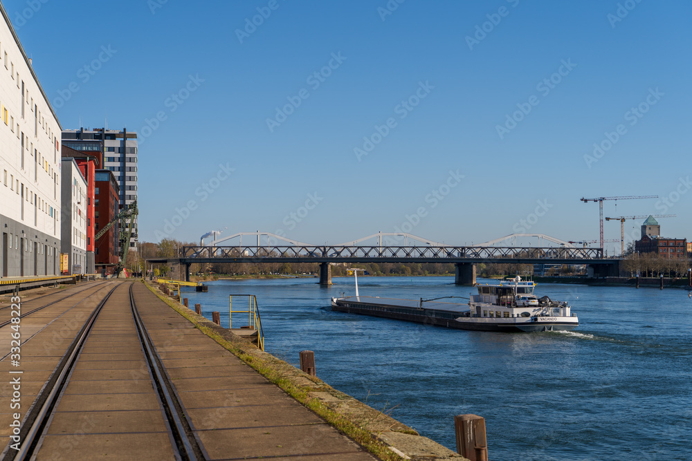 Germany, Mannheim, 23.03.2020: Mannheim port directly on the rhine