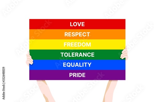 Pride Month 2020 vector banner template with the LGBT person holding multicolored poster as a symbol of LGBT community on white background. Love, respect, freedom, tolerance, equality, pride concept.