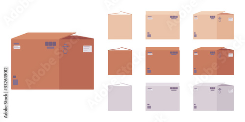 Moving boxes cardboard set for packing household items, office books, clothes, linens, appliances, parcel transportation. Vector flat style cartoon illustration, different colors and view