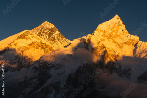 Evening sunset red colored view of Everest and Lhotse view from Kalapattar, Khumbu valley, Solukhumbu, Nepal Himalayas mountains