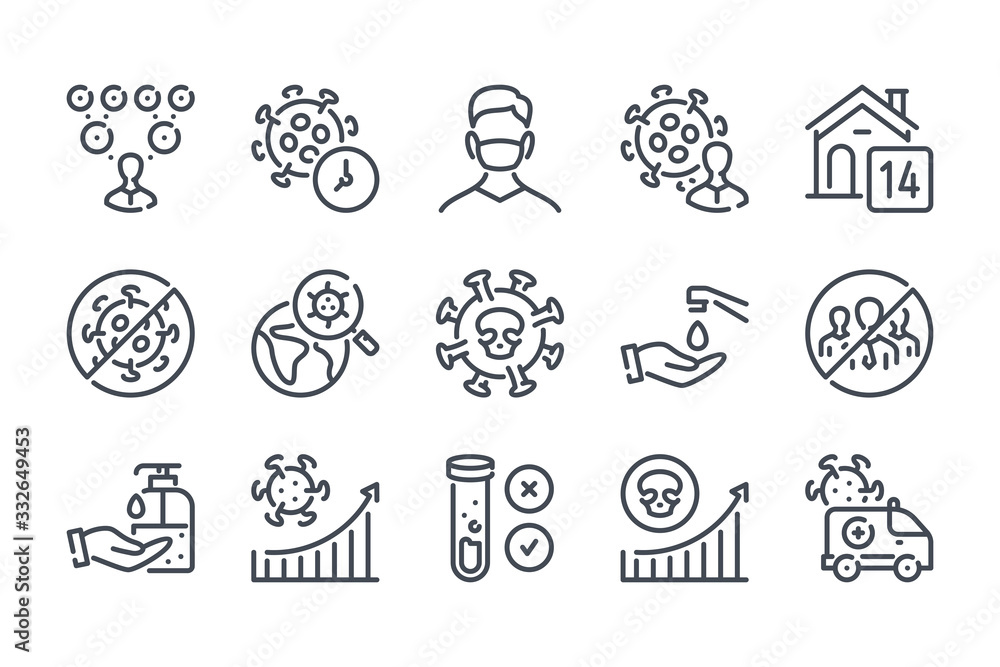 Fototapeta premium Transmission of coronavirus disease related line icon set. Coronavirus infection case rate linear icons. Coronavirus disease and quarantine outline vector signs and symbols collection.