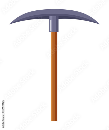 Pickaxe or pick isolated on white background. Heavy steel mattock with wooden handle. Equipment, tool for excavation in quarries, mining industry or archeology. Vector illustration in flat style