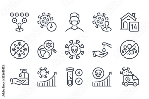 Transmission of coronavirus disease related line icon set. Coronavirus infection case rate linear icons. Coronavirus disease and quarantine outline vector signs and symbols collection.