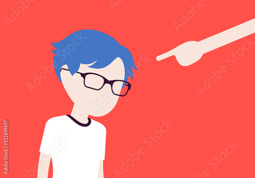 Punishment for boy, adult finger pointing to guilt, punish. Strict discipline strategies to control child behavior, physically or emotionally damaging method. Vector illustration, faceless character