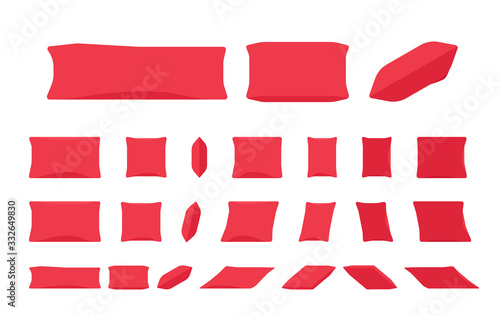 Bed red pillows set. Comfort textile for sleeping, luxury home or hotel fabric to rest neck, head, spine and body, good night sleep or day nap, Vector flat style cartoon illustration, different views