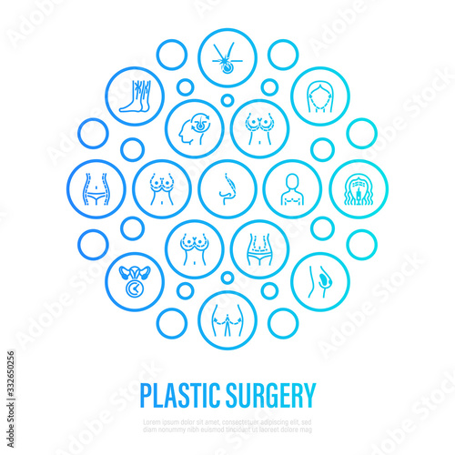 Plastic surgery concept in circle shape. Thin line icons. Breast enlargement, reduction, mastopexy, implant, liposuction, facelift, rhinoplasty, buttock lift, abdominoplasty. Vector illustration.