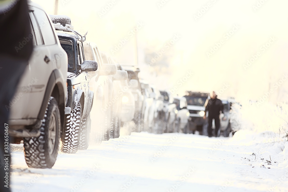 cars on winter road traffic jam city / winter weather on the city highway, the view from car in the fog and snow road cars on winter road traffic jam city / winter weather on the city highway, the view from car in the fog and snow road