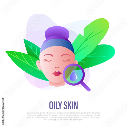 Oily skin symbol. Gradient icon: drop of oil under magnifying glass on girl's face. Skin care, moisturizer or cream for oily, acne skin. Vector illustration.