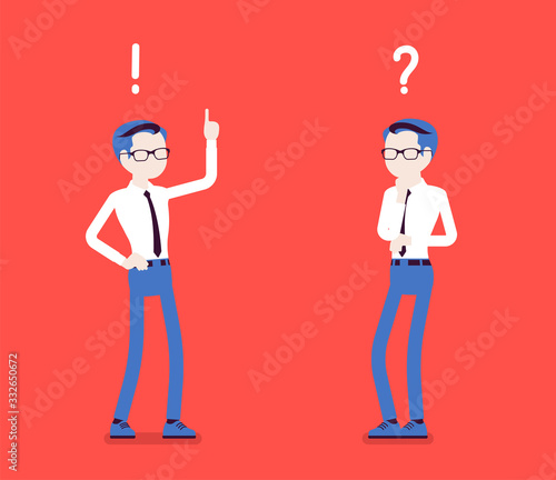 Problem, solution, man thinking, question, exclamation marks. Guy in problems analysis, finding efficient solving approaches, learning, understanding methods. Vector illustration, faceless characters