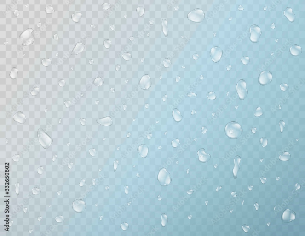 Stock vector illustration rain realistic water droplets on the glass Isolated on a transparent checkered background.