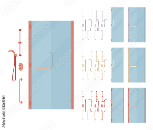 Shower stall free standing bathroom cabin. Sliding booth for washing with a bathtub, washbasin, plumbing components, personal hygiene. Vector flat style cartoon illustration, different colors and view
