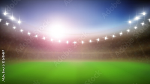 Baseball Stadium With Glow Lamps In Night Vector. Blurred Modern Stadium With Green Grass And Illuminate Lights. Sportive Field Construction For Championship Event Layout Realistic 3d Illustration © PikePicture